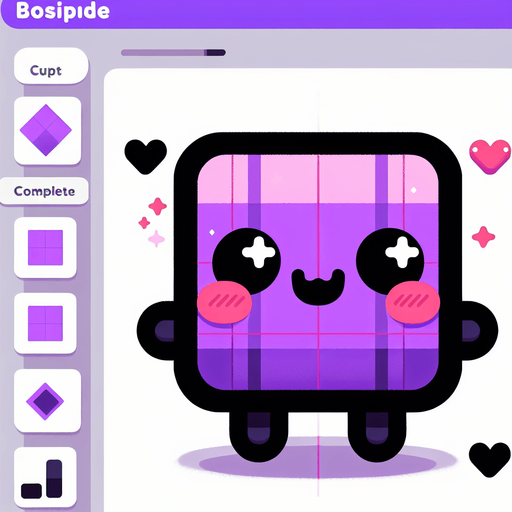 a cute purple square with two black arms and legs with a face and blush.
Single Game Texture. In-Game asset. 2d. Blank background. High contrast. No shadows.