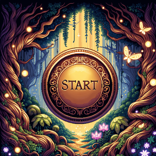 A start button for an elf game in a magic forest.
Pixel art.