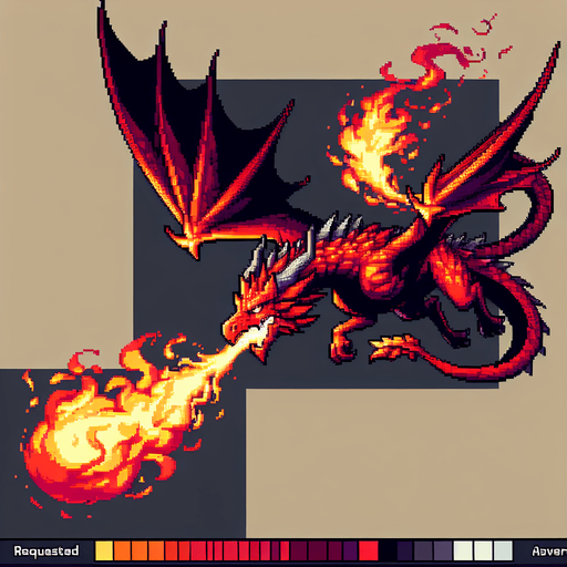 A flying red dragon breathing fire. side view. enemy character in a game. pixelart..
Single Game Texture. In-Game asset. 2d. Blank background. High contrast. No shadows.