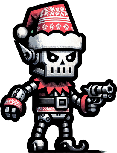 2d christmas evil robot elf with a gun Single Game Texture. In-Game asset. 2d. Blank background. High contrast. No shadows. Single Game Texture. In-Game asset. 2d. Blank background. High contrast. No shadows.