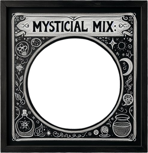 une ardoise noire, sans bordure, vide, avec un petit titre en haut "Mystical Mix:" à la craie à la main.