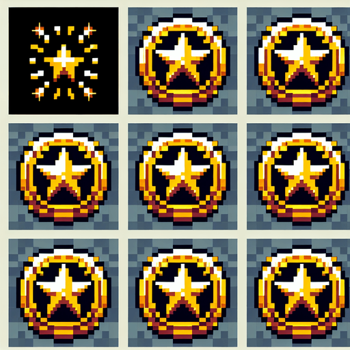 Create an 8-bit pixelated sprite sheet featuring a golden coin with a star symbol in the center. The coin should be viewed from multiple perspectives to create the illusion of spinning in place, with each frame showing slight rotational movement. The sprite sheet should include enough frames to produce a smooth spinning animation, with consistent shading and highlights to enhance the 3D effect of the coin rotating. The star symbol should remain centered and consistent throughout the animation, while the outer edges of the coin shift to reflect the spin..
Single Game Texture. In-Game asset. 2d. Blank background. High contrast. No shadows.