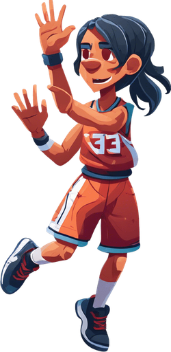 Create a cartoon-style illustration of a basketball player in a shooting pose with hands raised in the air. This character should not be holding a basketball. Emphasize the cartoonish features, exaggerate expressions, and ensure the absence of a basketball in the scene. The goal is to capture a lively and playful cartoon character ready to shoot, with a focus on dynamic and exaggerated elements.