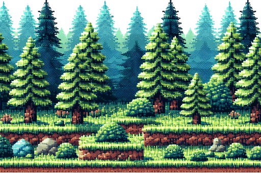 8-bit pixelated pinetree forest.
Single Game Texture. In-Game asset. 2d. Blank background. High contrast. No shadows.