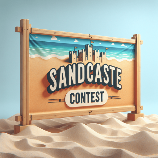 front view of a elongated horizontal banner on beach sand with text : "Sandcastle Contest"..
photorealistic