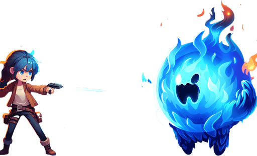 girl shooting on fire blunos with blue ball.
Single Game Texture. In-Game asset. 2d. Blank background. High contrast. No shadows.