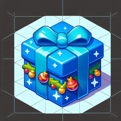 a christmas decorated blue present. plastic style. Single Game Texture. In-Game asset. 2d. Blank background. High contrast. No shadows.