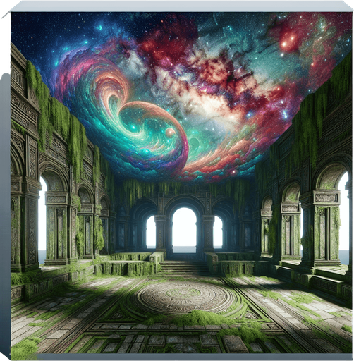 Mossy green ancient temple ruins interior surrounded by colorful galactic clouds..
Single Game Texture. In-Game asset. 2d. Blank background. High contrast. No shadows.