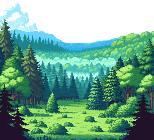 pixelart. A beautiful bue sommer sky without a cloud in the sky above the treetops of a forest and distant mountains. The foreground should be an grassy clearing..
Single Game Texture. In-Game asset. 2d. Blank background. High contrast. No shadows.