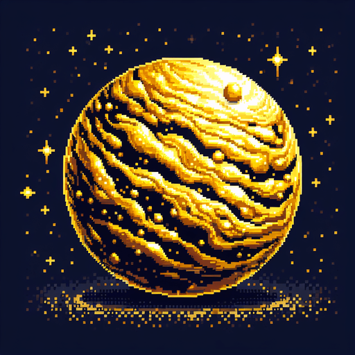 pixel art of a planet made of gold ore.
Single Game Texture. In-Game asset. 2d. Blank background. High contrast. No shadows.