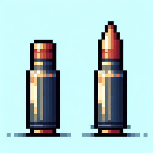 a pixelated bullet.
Single Game Texture. In-Game asset. 2d. Blank background. High contrast. No shadows.