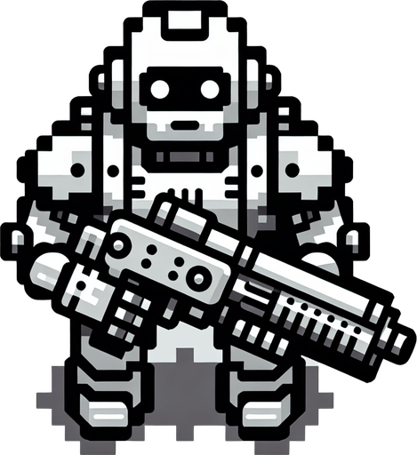 top down robot with gun.
Single Game Texture. In-Game asset. 2d. Blank background. High contrast. No shadows. topdown shooter