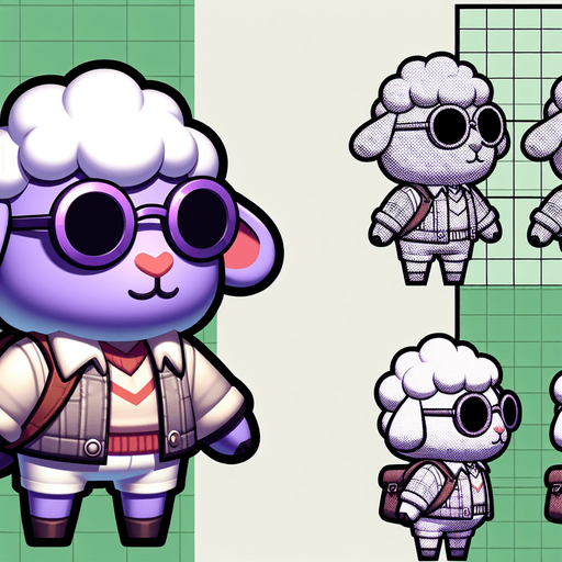 make a sheep wearing round purple glasses a jacket and a bag.
Single Game Texture. In-Game asset. 2d. Blank background. medium contrast. No shadows. cartoony. birdside view. full body. not facing the camera