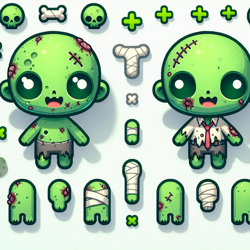 cute zombie in green.
Single Game Texture. In-Game asset. 2d. Blank background. High contrast. No shadows. top down view. bird view