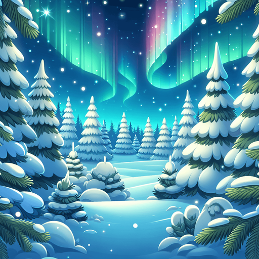 Cartoon Christmas outdoor scene. Forest, northern lights.
Single Game Texture. In-Game asset. 2d. Blank background. High contrast. No shadows.