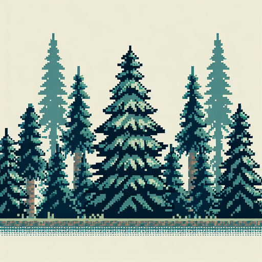 8-bit pixelated pinetree forest.
Single Game Texture. In-Game asset. 2d. Blank background. High contrast. No shadows.