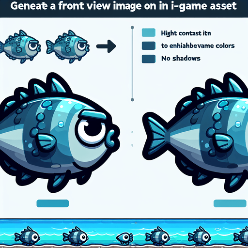 create a cartoon-style illustration of a fish ashore, front view.
Single Game Texture. In-Game asset. 2d. Blank background. High contrast. No shadows.