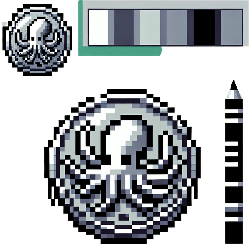 silver octo coin. pixelated. 8 bit.
Single Game Texture. In-Game asset. 2d. Blank background. High contrast. No shadows.