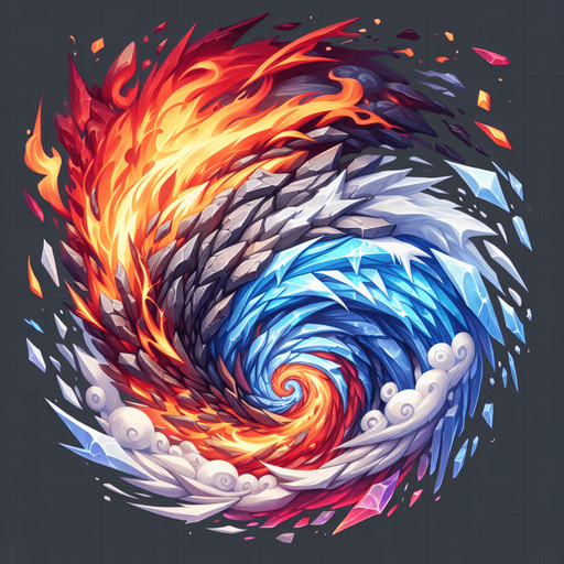 Tornado of chaotic elemental energy with bands of fire, ice, and stone..
Single Game Texture. In-Game asset. 2d. Blank background. High contrast. No shadows.