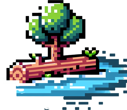 8 bit. cartoon. tree log. floating in the water.  in game asset. no background. Single Game Texture. In-Game asset. 2d. Blank background. High contrast. No shadows.