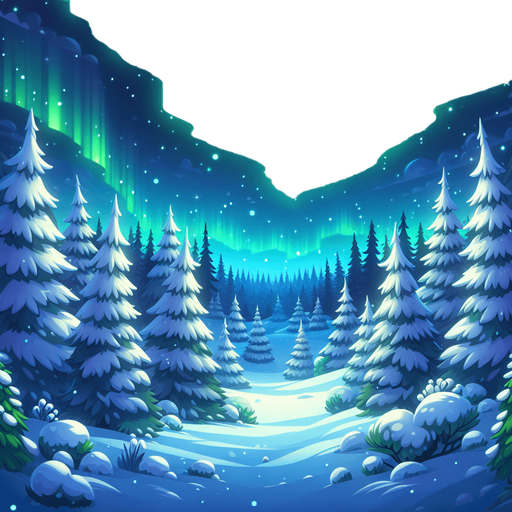 Cartoon Christmas outdoor scene. Forest, northern lights.
Single Game Texture. In-Game asset. 2d. Blank background. High contrast. No shadows.