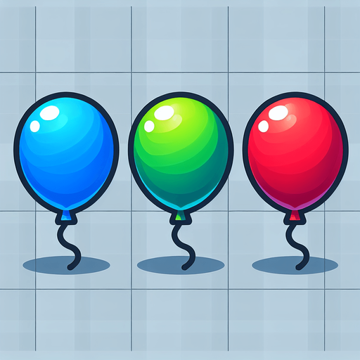 Blue, Green, Red Ballons..
Single Game Texture. In-Game asset. 2d. Blank background. High contrast. No shadows.