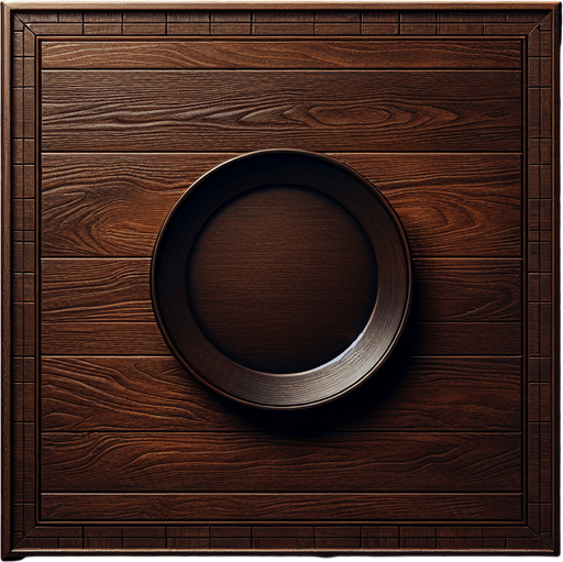 a dark wooden kitchen table with a serving plate..
Single Game Texture. In-Game asset. 2d. Blank background. High contrast. No shadows.