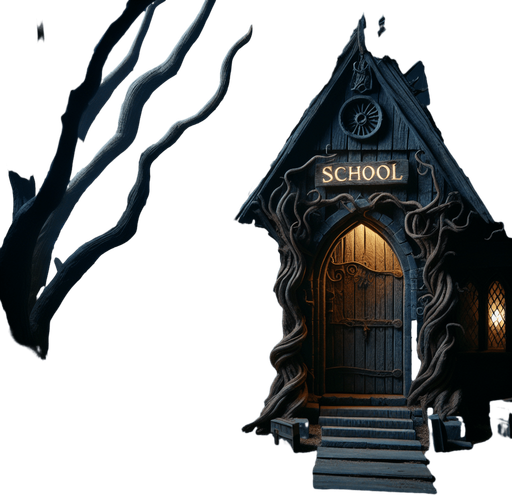 By night, in a gloomy forest,a Facade of a dark, partly ruined ancient and twisted witch house with a big wooden door and a metal entrance arch where it's written "SCHOOL" in illuminated letters...