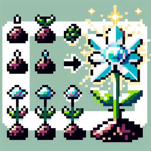 pixel art sprite sheet of a growing plant with a diamond flower.
Game asset. 2d. Blank background. High contrast. No shadows.