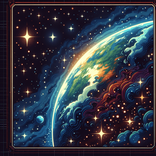 Space with stars with earth background.
Single Game Texture. In-Game asset. 2d. Blank background. High contrast. No shadows.