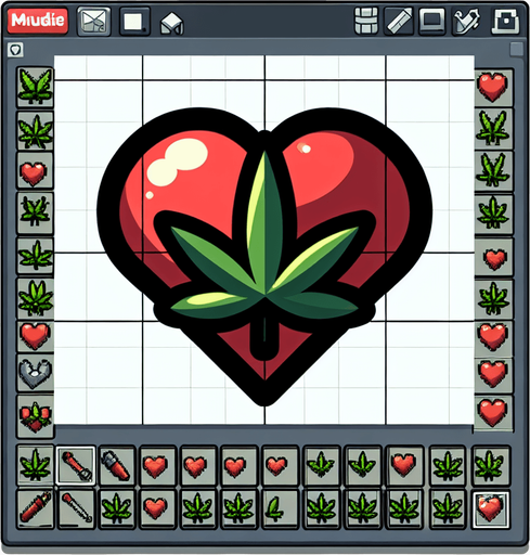 A heart in the shape of a cannabis leaf cartoon Single Game Texture. In-Game asset. 2d. Blank background. High contrast. No shadows. Single Game Texture. In-Game asset. 2d. Blank background. High contrast. No shadows.