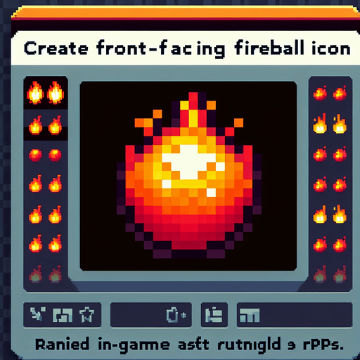 fireball icon, front view, I want the art style to reflect a classic 16-bit retro pixel art aesthetic, reminiscent of early 1990s RPGs with vibrant colors..
Single Game Texture. In-Game asset. 2d. Blank background. High contrast. No shadows.