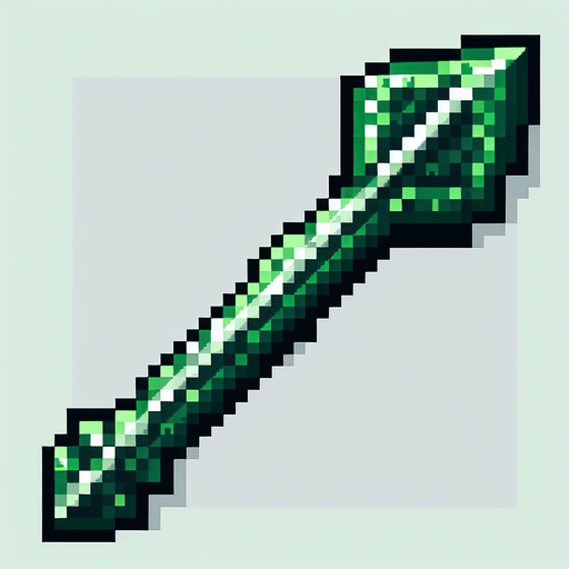 a straight crossbow bolt made of jade. top down view. pixelart. bolt only, crossbow not included. vertical display, from bottom to top. Single Game Texture. In-Game asset. 2d. Blank background. High contrast. No shadows.