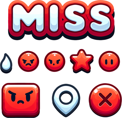 red text saying "MISS". cute cartoony graphics..
Single Game Texture. In-Game asset. 2d. Blank background. High contrast. No shadows.