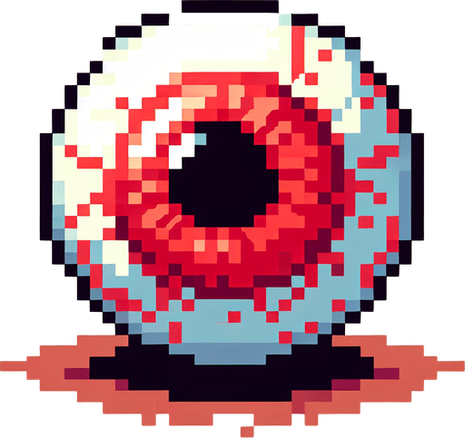 pixel art of a red eyeball.
Single Game Texture. In-Game asset. 2d. Blank background. High contrast. No shadows.