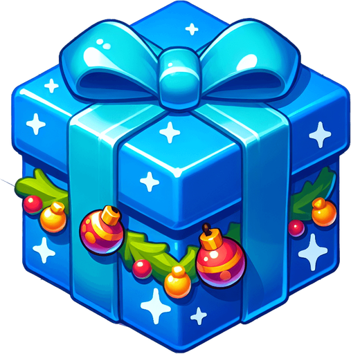 a christmas decorated blue present. plastic style. Single Game Texture. In-Game asset. 2d. Blank background. High contrast. No shadows.