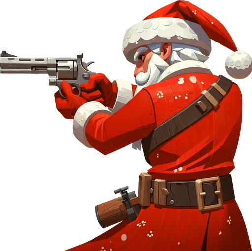 over the shoulder santa firing a revolver Single Game Texture. In-Game asset. 2d. Blank background. High contrast. No shadows.