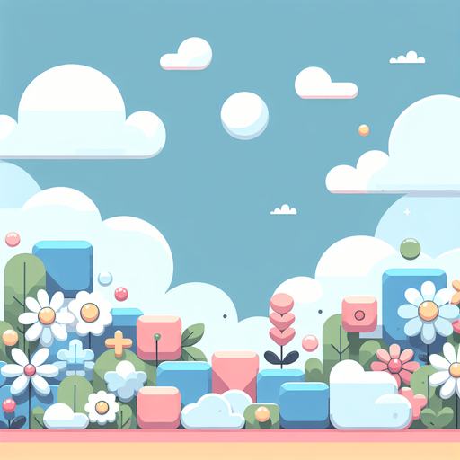 Background for relaxing puzzle game. Pastel colors, flat shaded, vector art. Flowers. Blocks. Relaxing. Clouds
Single Game Texture. In-Game asset. 2d. Blank background. High contrast. No shadows.