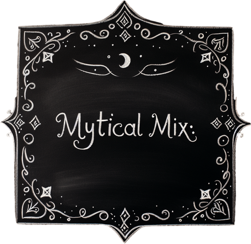 une ardoise noire, sans bordure, vide, avec un petit titre en haut "Mystical Mix:" à la craie à la main.