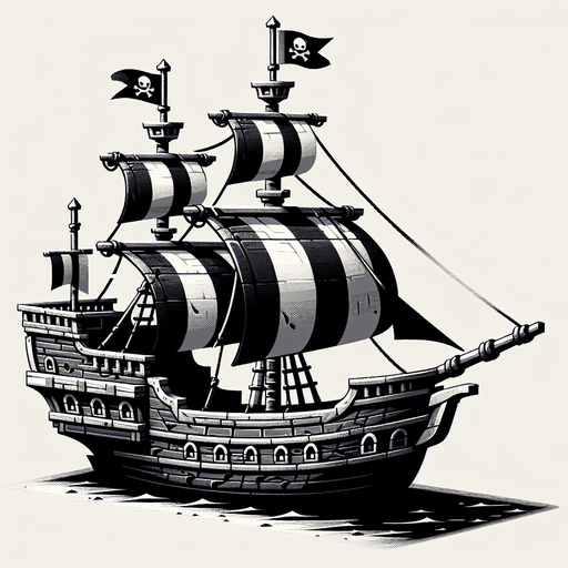 pirate caravel, side view, black and white,.
Single Game Texture. In-Game asset. 2d. Blank background. High contrast. No shadows.