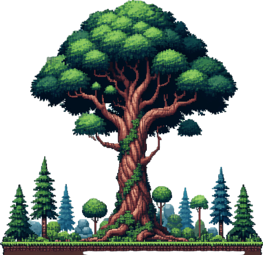 A 2D pixel of a tree asset transparent.
Single Game Texture. In-Game asset. 2d. Blank background. High contrast. No shadows.