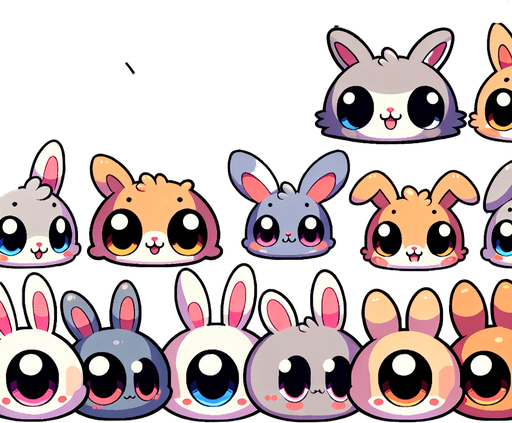 A spritesheet of cute happy and very silly-looking rabbits staring wideeyed at the camera..
Single Game Texture. In-Game asset. 2d. Blank background. High contrast. No shadows.