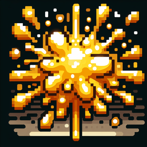 golden radial liquid cartoony puffed explosion. pixelated. 8 bit..
Single Game Texture. In-Game asset. 2d. Blank background. High contrast. No shadows.