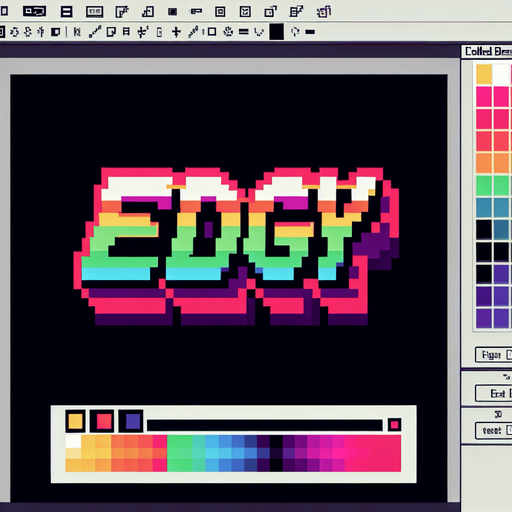 colored text saying (EDGY).
 Single Game Texture. In-Game asset. 2d. Blank background. High contrast. No shadows. pixelated. 8 bit