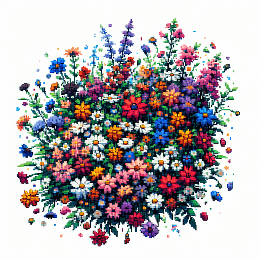 pixel art of a flower patch.
game asset, 2d, white background, shadowless.