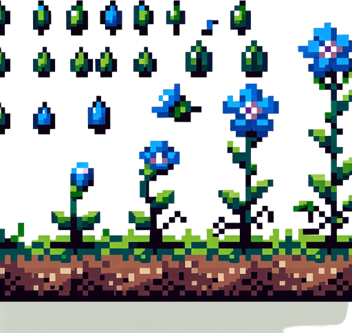 pixel art sprite sheet of a growing plant with two blue flowers.
In-Game asset. 2d. Blank background. High contrast. No shadows.