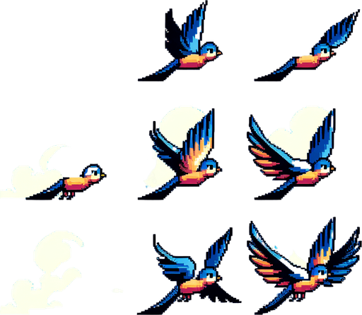 sprite sheet of a bird flying two positions, one with   wings up, one with wings down.
sprite sheet 2 x 2