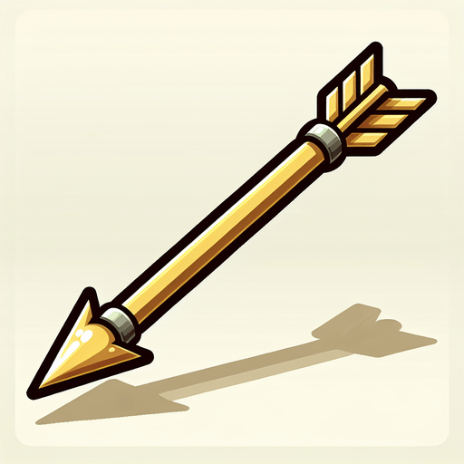 a long cartoon arrow with gold shaft and steel point
Single Game Texture. In-Game asset. 2d. Blank background. High contrast. No shadows.