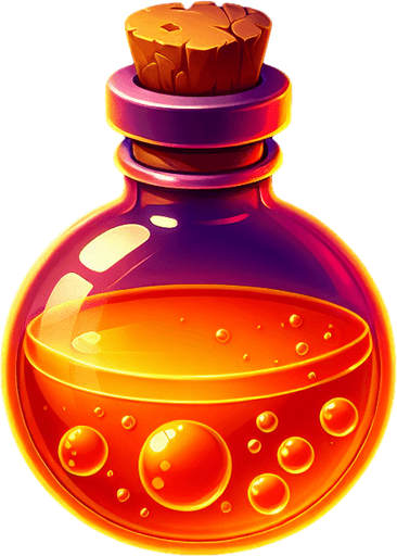 potion magique orange.
Single Game Texture. In-Game asset. 2d. Blank background. High contrast. No shadows.