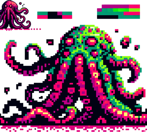 8 bit tentacle monster.
Single Game Texture. In-Game asset. 2d. Blank background. High contrast. No shadows.